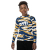 Athletic sports compression shirt for youth football, basketball, baseball, golf, softball etc similar to Nike, Under Armour, Adidas, Sleefs, printed with camouflage yellow, white, and green colors Milwaukee Brewers.   