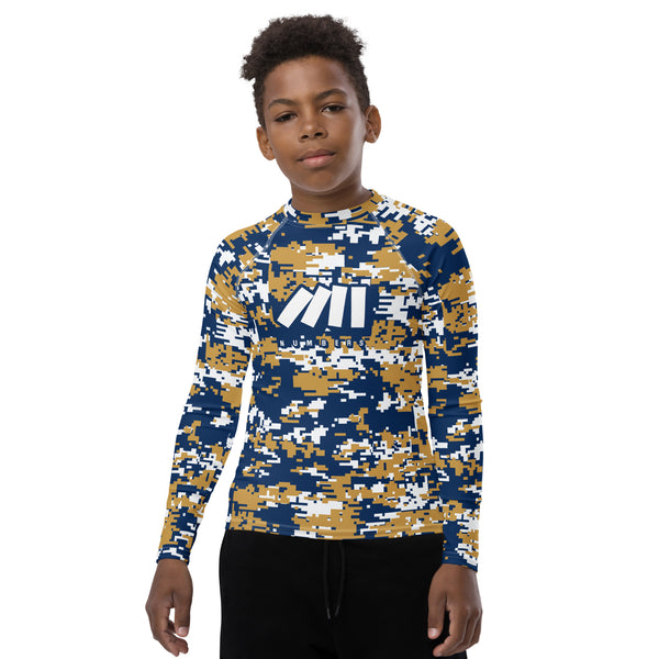 Athletic sports compression shirt for youth football, basketball, baseball, golf, softball etc similar to Nike, Under Armour, Adidas, Sleefs, printed with camouflage yellow, white, and green colors Milwaukee Brewers.    