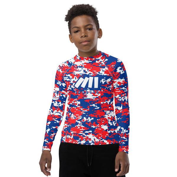 Athletic sports compression shirt for youth football, basketball, baseball, golf, softball etc similar to Nike, Under Armour, Adidas, Sleefs, printed with camouflage red, white, and blue colors Los Angeles Clippers. 