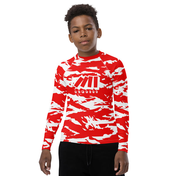 Athletic sports compression shirt for youth football, basketball, baseball, golf, softball etc similar to Nike, Under Armour, Adidas, Sleefs, printed with camouflagered and white colors Houston Rockets.   