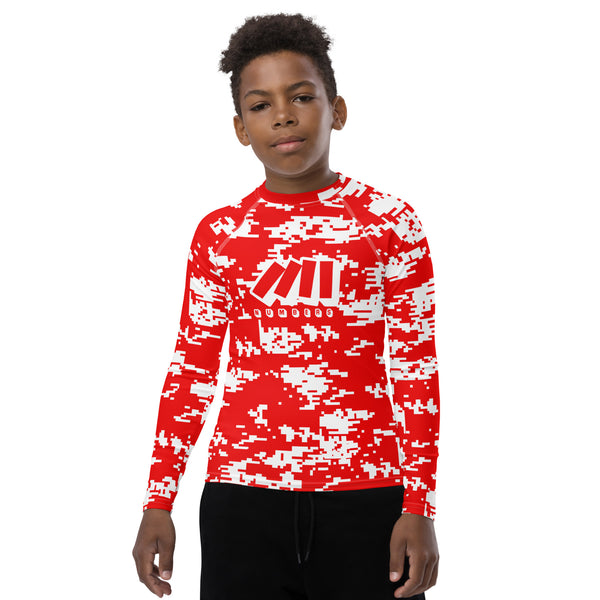 Athletic sports compression shirt for youth football, basketball, baseball, golf, softball etc similar to Nike, Under Armour, Adidas, Sleefs, printed with camouflage red and white colors Houston Rockets. 
