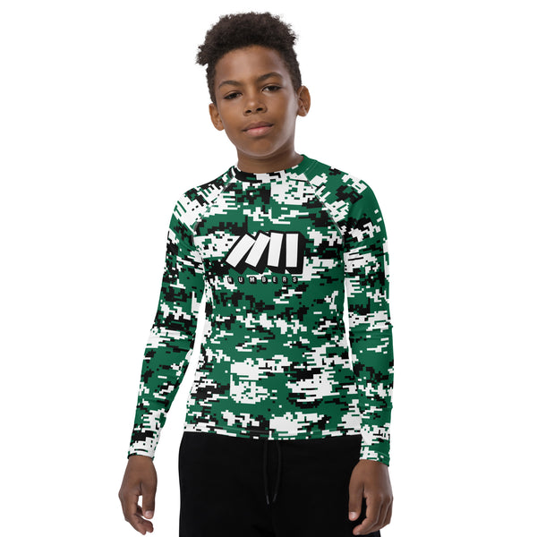 Athletic sports compression shirt for youth football, basketball, baseball, golf, softball etc similar to Nike, Under Armour, Adidas, Sleefs, printed with camouflage colors.   