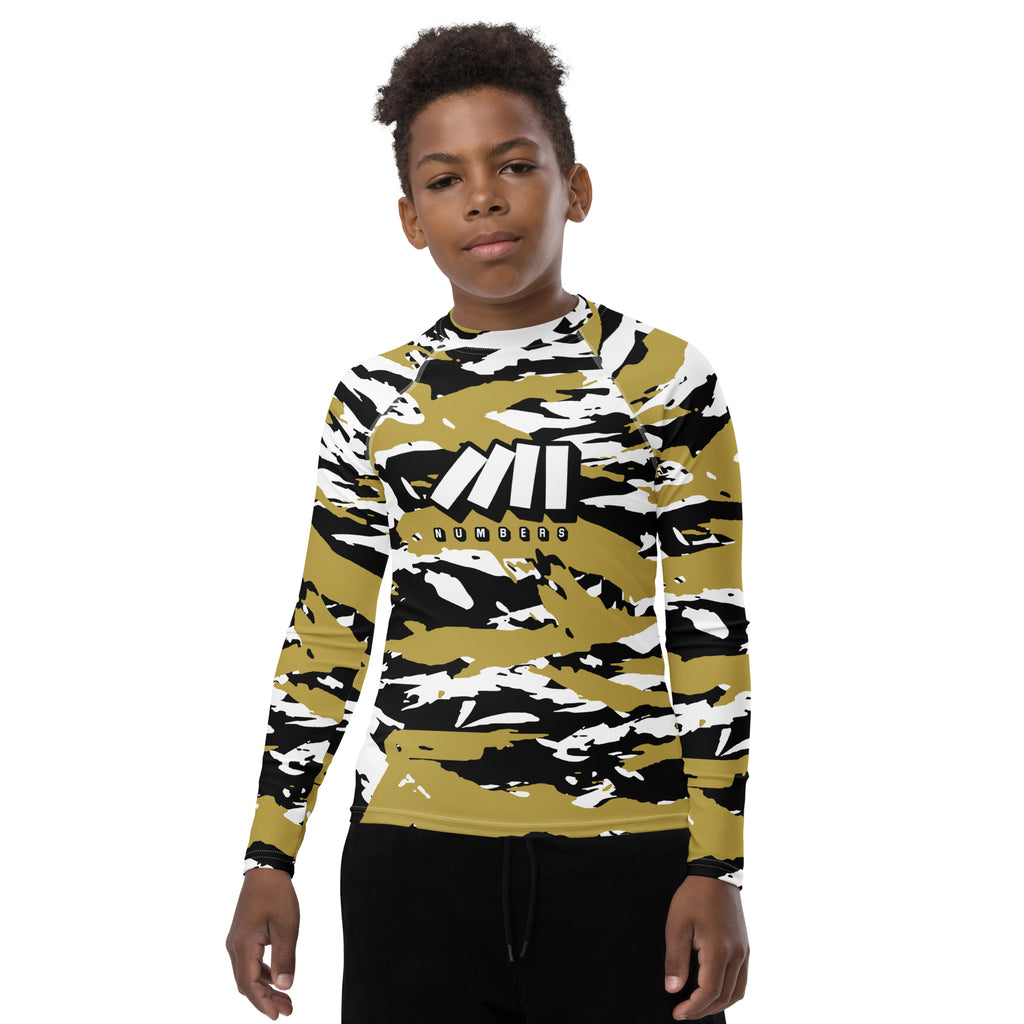Athletic sports compression shirt for youth football, basketball, baseball, golf, softball etc similar to Nike, Under Armour, Adidas, Sleefs, printed with camouflage black, gold, and white colors New Orleans Saints.   