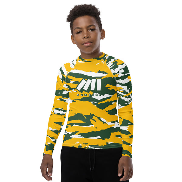 Athletic sports compression shirt for youth football, basketball, baseball, golf, softball etc similar to Nike, Under Armour, Adidas, Sleefs, printed with camouflage 