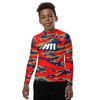 Athletic sports compression shirt for youth football, basketball, baseball, golf, softball etc similar to Nike, Under Armour, Adidas, Sleefs, printed with camouflage navy blue, gold, and red colors.  