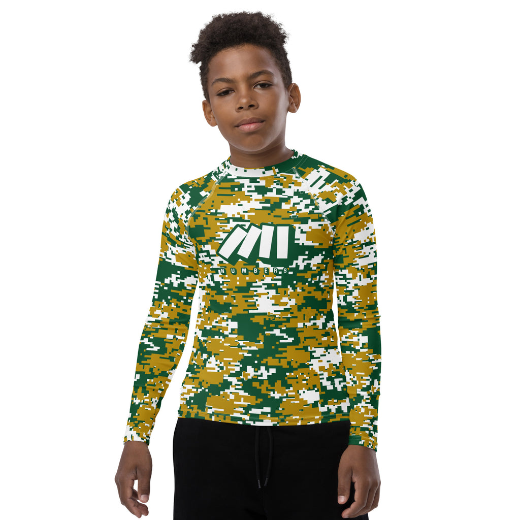 Athletic sports compression shirt for youth football, basketball, baseball, golf, softball etc similar to Nike, Under Armour, Adidas, Sleefs, printed with camouflage green, gold, and white colors Colorado State Rams.