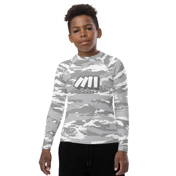 Athletic sports compression shirt for youth football, basketball, baseball, golf, softball etc similar to Nike, Under Armour, Adidas, Sleefs, printed with gray and white colors.  