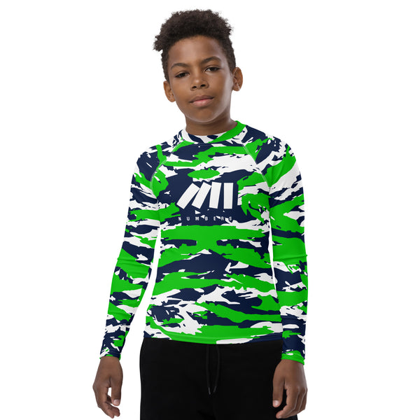 Athletic sports compression shirt for youth football, basketball, baseball, golf, softball etc similar to Nike, Under Armour, Adidas, Sleefs, printed with predator navy blue, white, and green colors Seattle Seahawks 