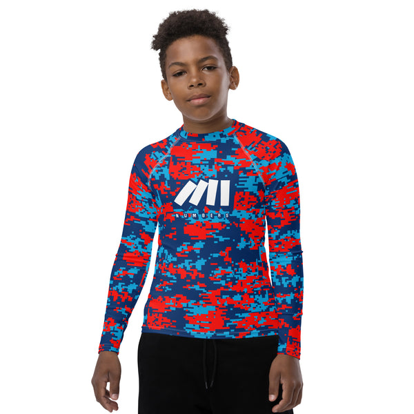 Athletic sports compression shirt for youth football, basketball, baseball, golf, softball etc similar to Nike, Under Armour, Adidas, Sleefs, printed with digicamo blue, red, and light blue colors Tennessee Titans Toronto Blue Jays