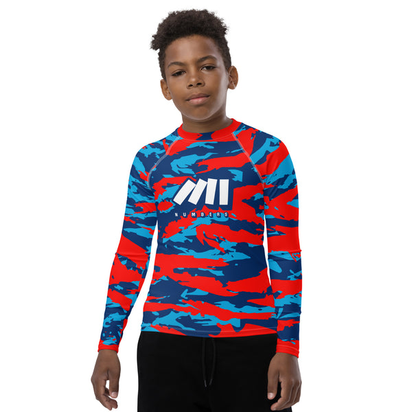 Athletic sports compression shirt for youth football, basketball, baseball, golf, softball etc similar to Nike, Under Armour, Adidas, Sleefs, printed with digicamo blue, red, and light blue colors Tennessee Titans Toronto Blue Jays