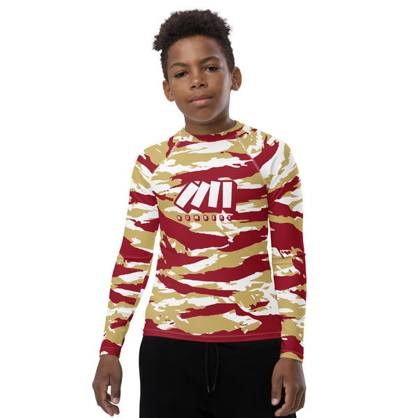 Athletic sports compression shirt for youth football, basketball, baseball, golf, softball etc similar to Nike, Under Armour, Adidas, Sleefs, printed with predator maroon, gold, and white colorr  Florida State Seminoles 