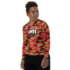 Athletic sports compression shirt for youth football, basketball, baseball, golf, softball etc similar to Nike, Under Armour, Adidas, Sleefs, printed with camouflage red, black, and gold colors San Francisco 49'ers.   