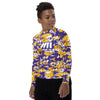 Athletic sports compression shirt for youth football, basketball, baseball, golf, softball etc similar to Nike, Under Armour, Adidas, Sleefs, printed with camouflage purple, yellow, and white colors.     