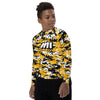 Athletic sports compression shirt for youth football, basketball, baseball, golf, softball etc similar to Nike, Under Armour, Adidas, Sleefs, printed with camouflage yellow, black, and white colors.      