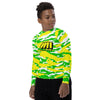 Athletic sports compression shirt for youth football, basketball, baseball, golf, softball etc similar to Nike, Under Armour, Adidas, Sleefs, printed with camouflage neon, yellow, white, and green colors.    