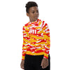 Athletic sports compression shirt for youth football, basketball, baseball, golf, softball etc similar to Nike, Under Armour, Adidas, Sleefs, printed with camouflage red, yellow, and white colors Kansas City Chiefs. 