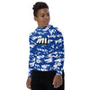 Athletic sports compression shirt for youth football, basketball, baseball, golf, softball etc similar to Nike, Under Armour, Adidas, Sleefs, printed with camouflage blue and white colors Indianapolis Colts. 