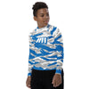 Athletic sports compression shirt for youth football, basketball, baseball, golf, softball etc similar to Nike, Under Armour, Adidas, Sleefs, printed with camouflage blue, white, and gray colors Detroit Lions. 