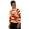 Athletic sports compression shirt for youth football, basketball, baseball, golf, softball etc similar to Nike, Under Armour, Adidas, Sleefs, printed with camouflage yellow, white, and maroon colors ASU Sun Devils.  