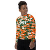 Athletic sports compression shirt for youth football, basketball, baseball, golf, softball etc similar to Nike, Under Armour, Adidas, Sleefs, printed with camouflageorange, green, and white colors University of Miami Hurricanes. 