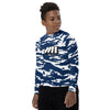 Athletic sports compression shirt for youth football, basketball, baseball, golf, softball etc similar to Nike, Under Armour, Adidas, Sleefs, printed with camouflage navy blue and white colors BYU Cougars.   