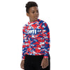 Athletic sports compression shirt for youth football, basketball, baseball, golf, softball etc similar to Nike, Under Armour, Adidas, Sleefs, printed with camouflage red, white, and blue colors Los Angeles Clippers.  