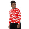 Athletic sports compression shirt for youth football, basketball, baseball, golf, softball etc similar to Nike, Under Armour, Adidas, Sleefs, printed with camouflage colors.red and white colors Houston Rockets.    