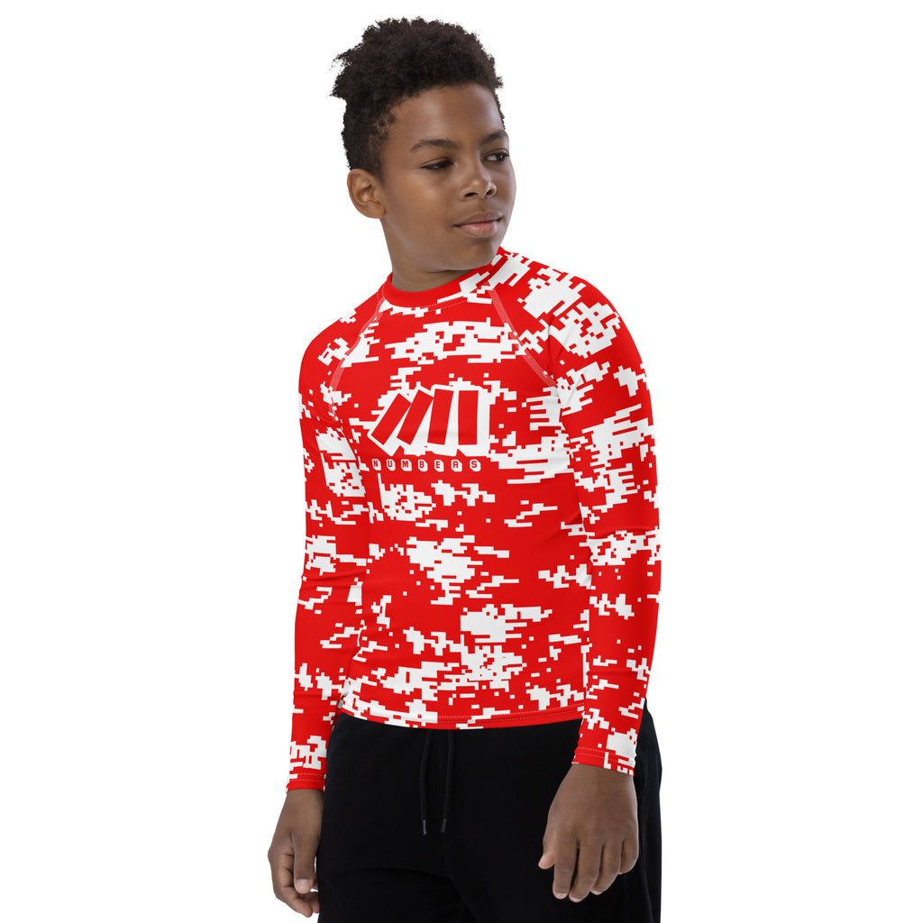 Athletic sports compression shirt for youth football, basketball, baseball, golf, softball etc similar to Nike, Under Armour, Adidas, Sleefs, printed with camouflage red and white colors Houston Rockets.   