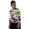 Athletic sports compression shirt for youth football, basketball, baseball, golf, softball etc similar to Nike, Under Armour, Adidas, Sleefs, printed with camouflage purple, gold, and white colors Washington Huskies.    