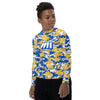 Athletic sports compression shirt for youth football, basketball, baseball, golf, softball etc similar to Nike, Under Armour, Adidas, Sleefs, printed with camouflage blue, yellow, and white colors Green Bay Packers.   