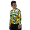 Athletic sports compression shirt for youth football, basketball, baseball, golf, softball etc similar to Nike, Under Armour, Adidas, Sleefs, printed with camouflage green, gold, and white colors Colorado State Rams.