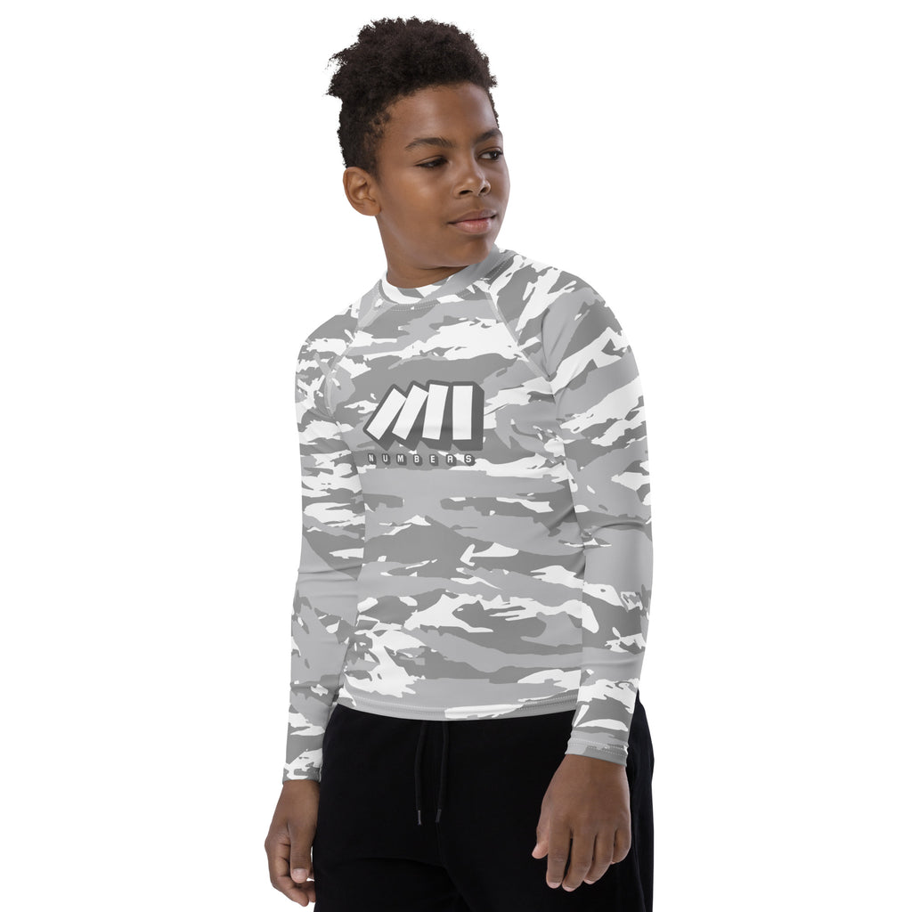 Athletic sports compression shirt for youth football, basketball, baseball, golf, softball etc similar to Nike, Under Armour, Adidas, Sleefs, printed with gray and white colors.  
