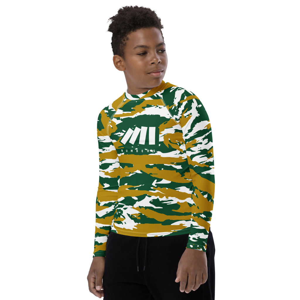 Athletic sports compression shirt for youth football, basketball, baseball, golf, softball etc similar to Nike, Under Armour, Adidas, Sleefs, printed with predator green, gold, and white colors Colorado State Rams