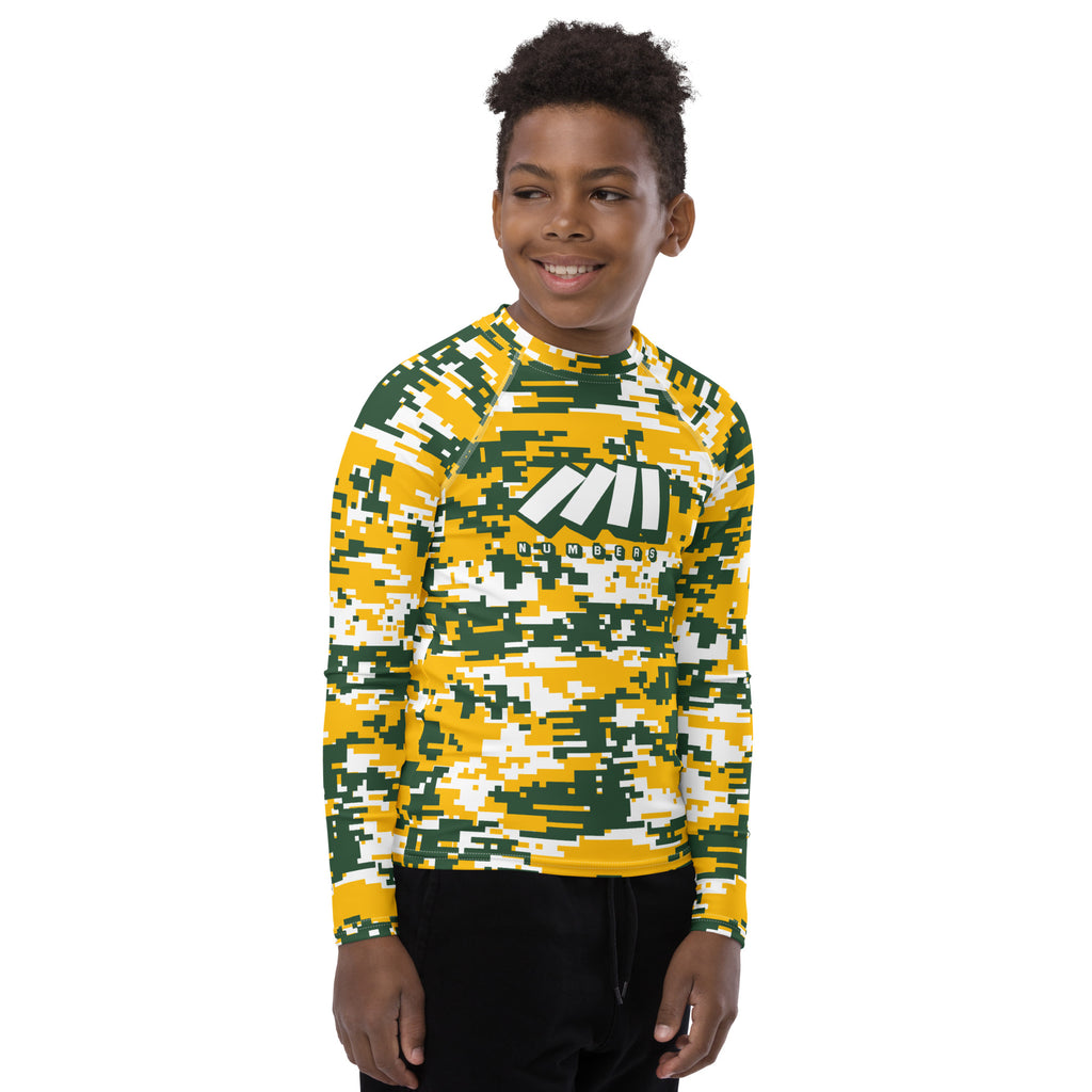 Athletic sports compression shirt for youth football, basketball, baseball, golf, softball etc similar to Nike, Under Armour, Adidas, Sleefs, printed with camouflage yellow, white, and green colors Green Bay Packers. 