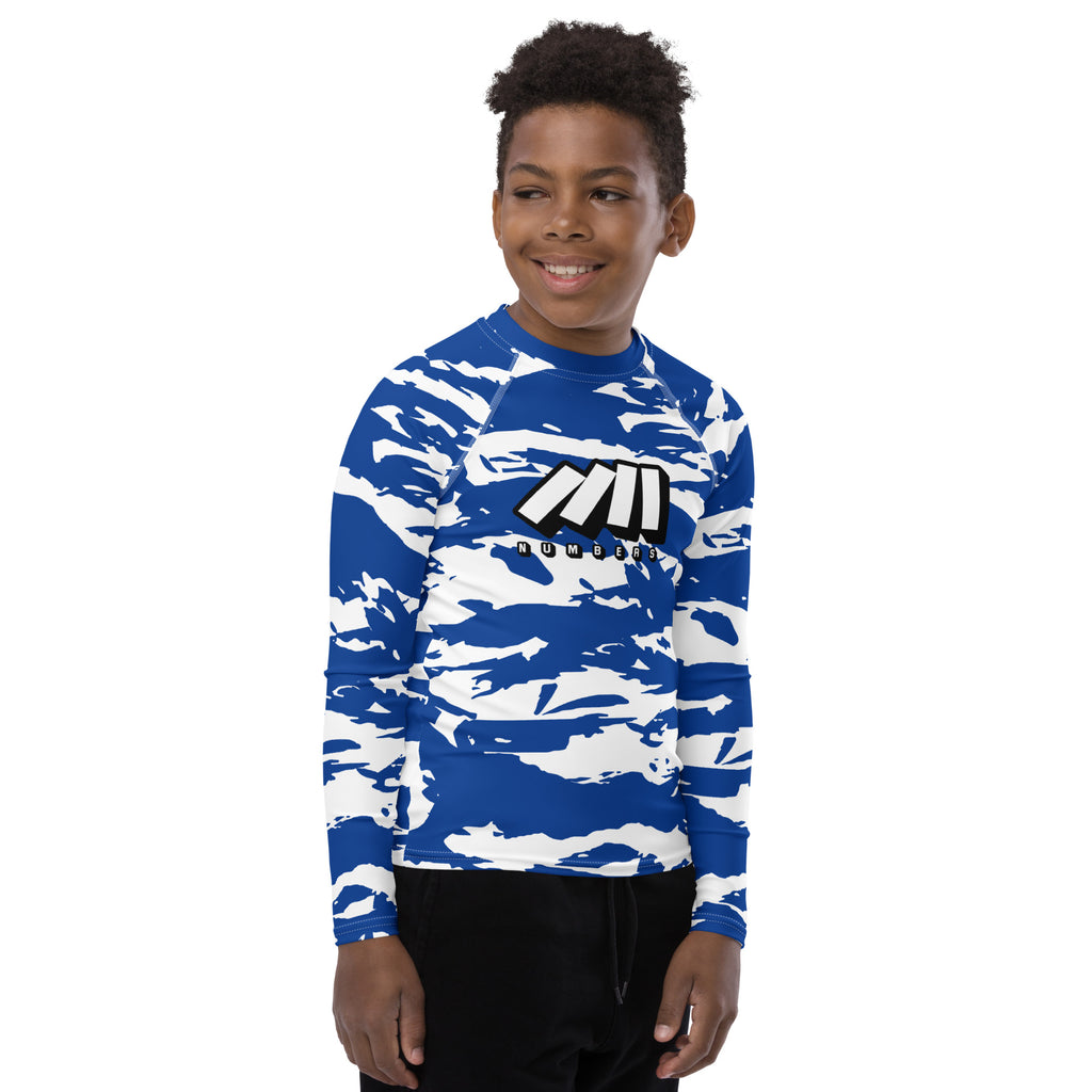 Athletic sports compression shirt for youth football, basketball, baseball, golf, softball etc similar to Nike, Under Armour, Adidas, Sleefs, printed with camouflage blue and white colors Indianapolis Colts. 