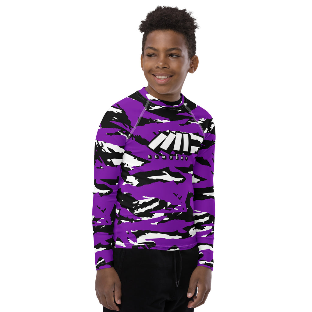 Athletic sports compression shirt for youth football, basketball, baseball, golf, softball etc similar to Nike, Under Armour, Adidas, Sleefs, printed with camouflage purple, black, and white colors Colorado Rockies. 