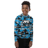Athletic sports compression shirt for youth football, basketball, baseball, golf, softball etc similar to Nike, Under Armour, Adidas, Sleefs, printed with camouflage black, blue, and gray colors Carolina Panthers. 