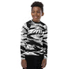 Athletic sports compression shirt for youth football, basketball, baseball, golf, softball etc similar to Nike, Under Armour, Adidas, Sleefs, printed with camouflage black, white, and gray colors San Antonio Spurs. 