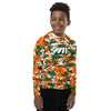 Athletic sports compression shirt for youth football, basketball, baseball, golf, softball etc similar to Nike, Under Armour, Adidas, Sleefs, printed with camouflage orange, green, and white colors University of Miami Hurricanes. 