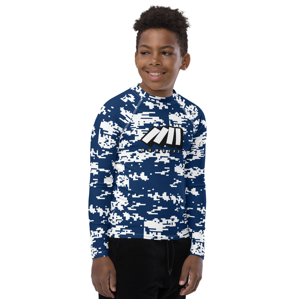 Athletic sports compression shirt for youth football, basketball, baseball, golf, softball etc similar to Nike, Under Armour, Adidas, Sleefs, printed with camouflage navy blue and white colors BYU Cougars.  