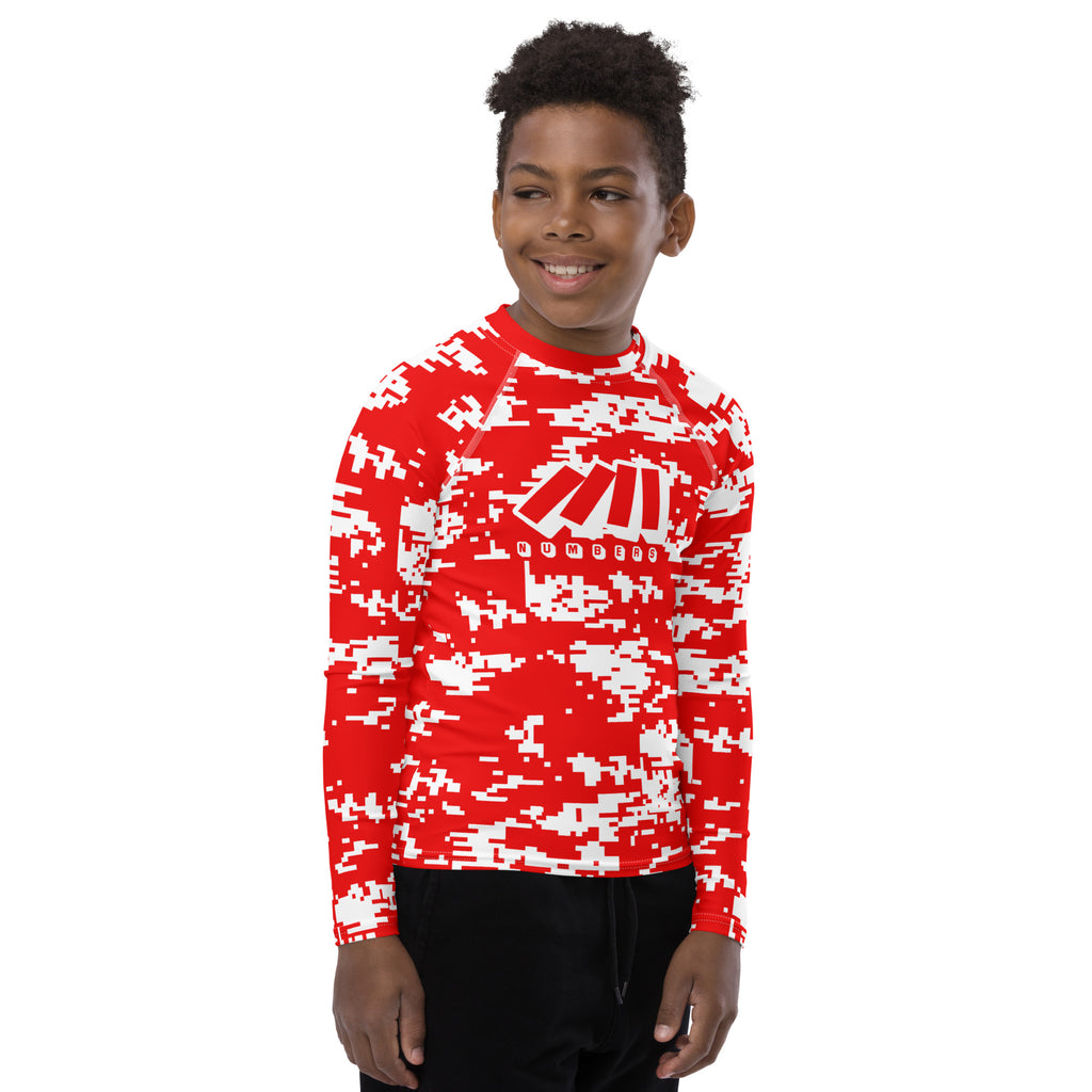 Athletic sports compression shirt for youth football, basketball, baseball, golf, softball etc similar to Nike, Under Armour, Adidas, Sleefs, printed with camouflage red and white colors Houston Rockets. .   