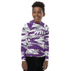 Athletic sports compression shirt for youth football, basketball, baseball, golf, softball etc similar to Nike, Under Armour, Adidas, Sleefs, printed with camouflage purple, white, and gray colors.   