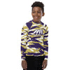 Athletic sports compression shirt for youth football, basketball, baseball, golf, softball etc similar to Nike, Under Armour, Adidas, Sleefs, printed with camouflage purple, gold, and white colors Washington Huskies.    