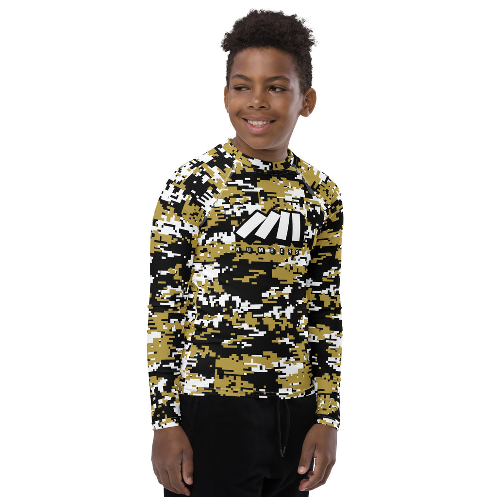 Athletic sports compression shirt for youth football, basketball, baseball, golf, softball etc similar to Nike, Under Armour, Adidas, Sleefs, printed with camouflage black, gold, and white colors New Orleans Saints.   