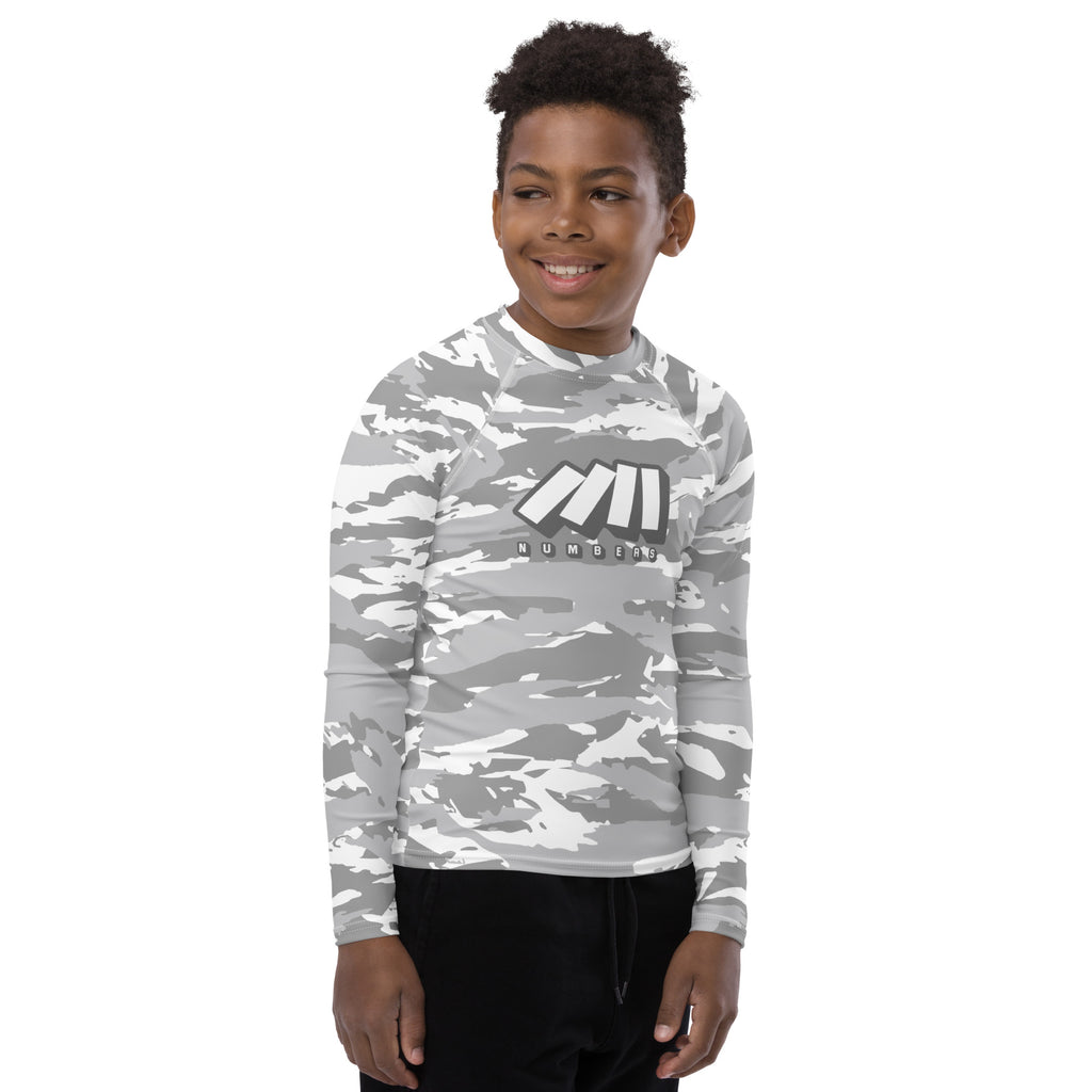 Athletic sports compression shirt for youth football, basketball, baseball, golf, softball etc similar to Nike, Under Armour, Adidas, Sleefs, printed with gray and white colors.  