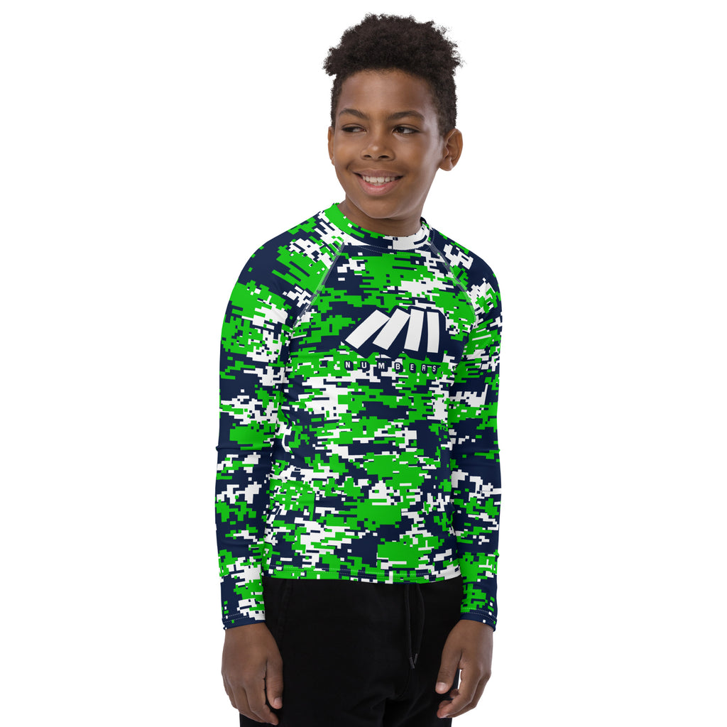 Athletic sports compression shirt for youth football, basketball, baseball, golf, softball etc similar to Nike, Under Armour, Adidas, Sleefs, printed with navy blue, white, and green colors Seattle Seahawks 