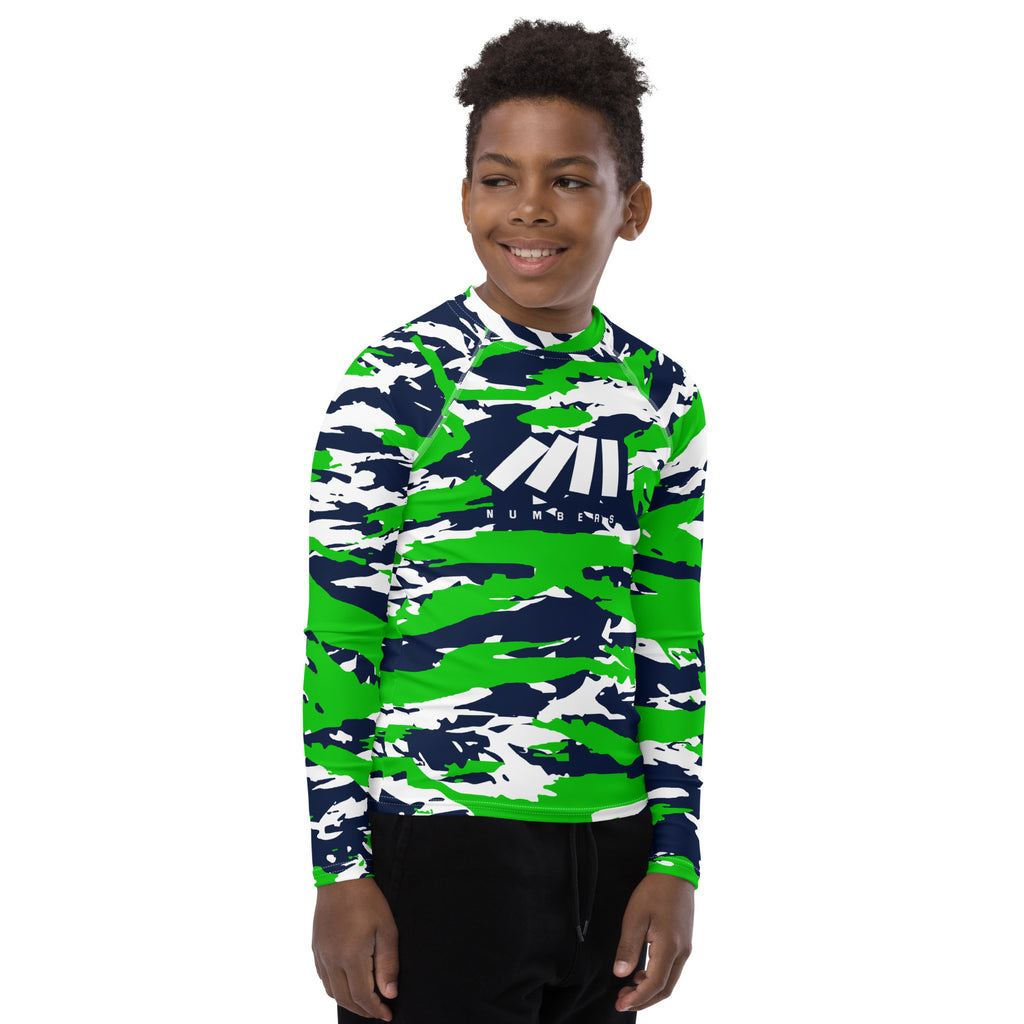 Athletic sports compression shirt for youth football, basketball, baseball, golf, softball etc similar to Nike, Under Armour, Adidas, Sleefs, printed with predator navy blue, white, and green colors Seattle Seahawks 