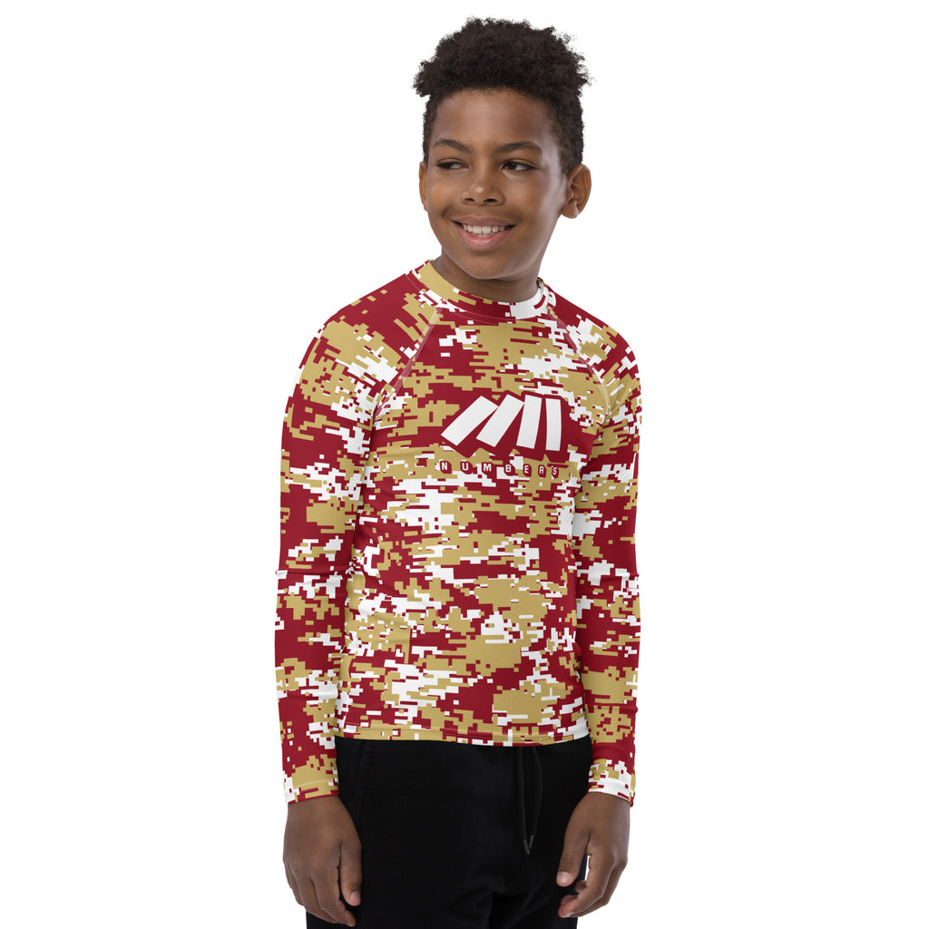 Athletic sports compression shirt for youth football, basketball, baseball, golf, softball etc similar to Nike, Under Armour, Adidas, Sleefs, printed with digicamo maroon, gold, and white colorr  Florida State Seminoles 