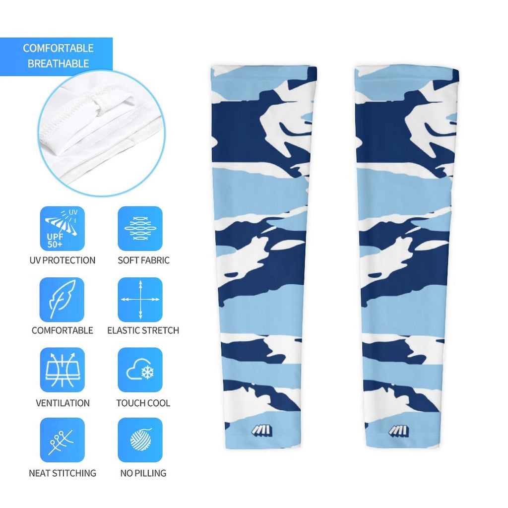 Athletic sports compression arm sleeve for youth and adult football, basketball, baseball, and softball printed with baby blue, navy blue, and white colors. 