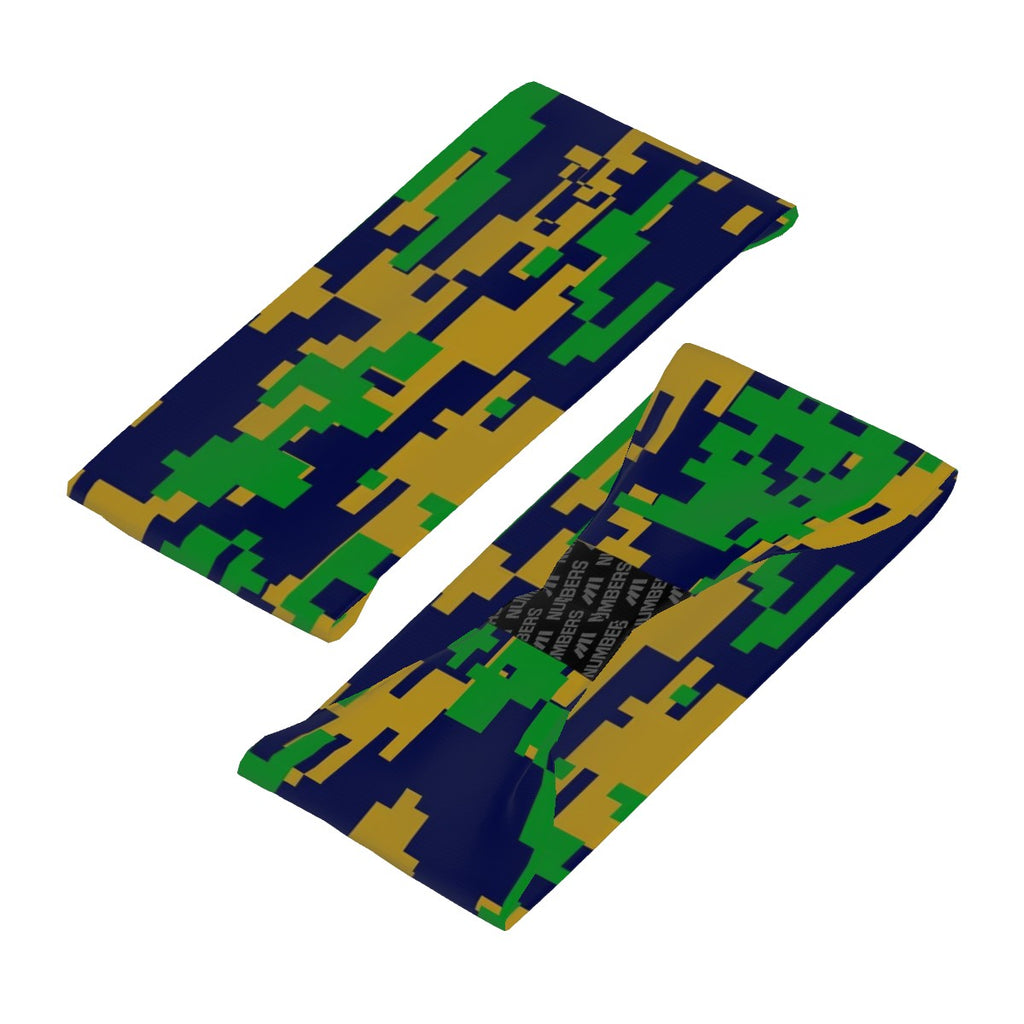 Athletic sports sweatband wide headband for youth and adult football, basketball, baseball, softball, gym workout, printed with green, navy blue, and gold colors. 